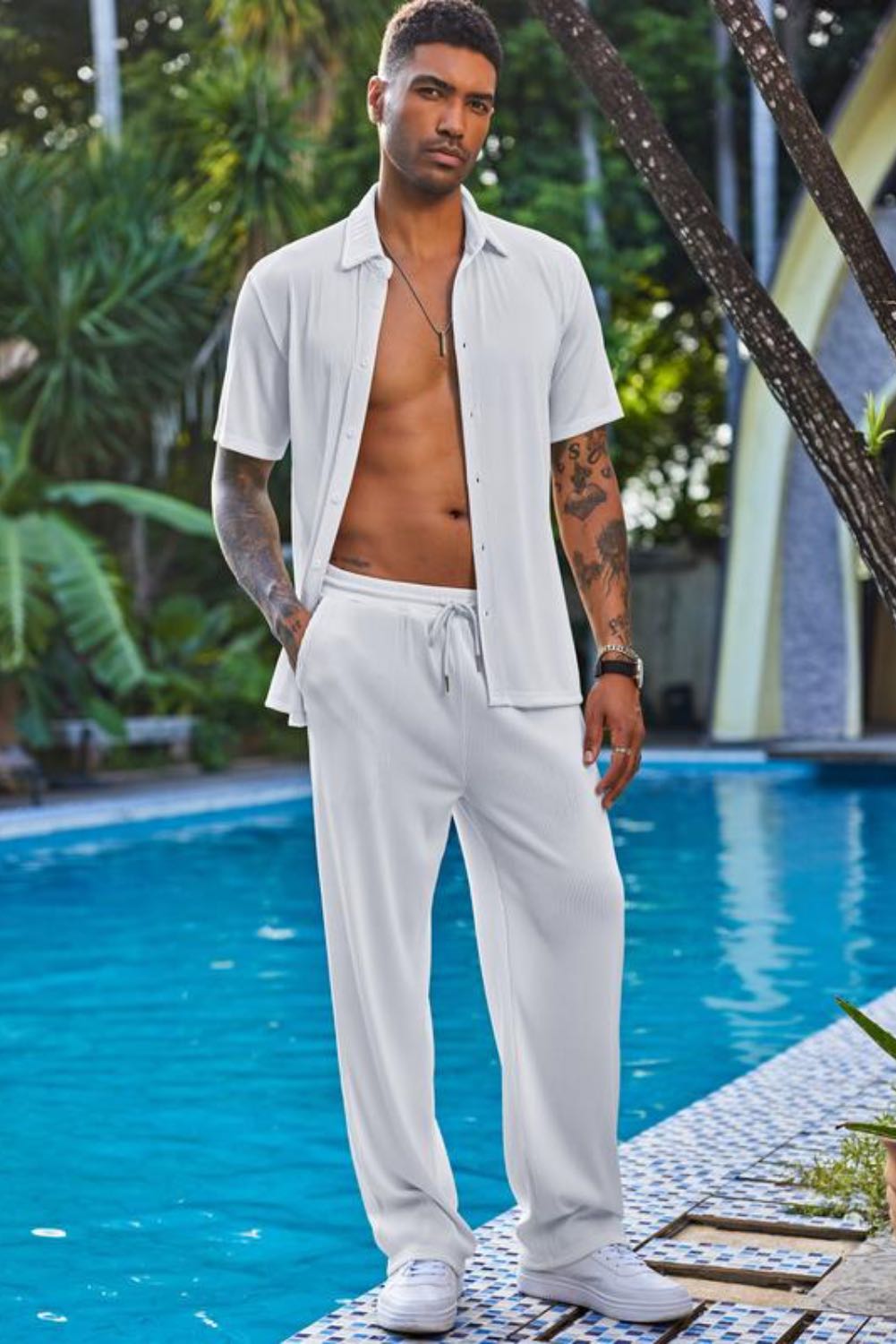 New York Fashion Week Men's 2 Piece Outfit Casual Short Sleeve Button Down Shirt Beach Summer Loose Pant Sets