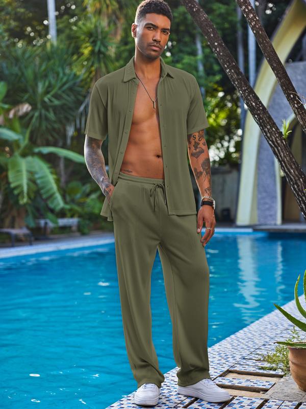 New York Fashion Week Men's 2 Piece Outfit Casual Short Sleeve Button Down Shirt Beach Summer Loose Pant Sets