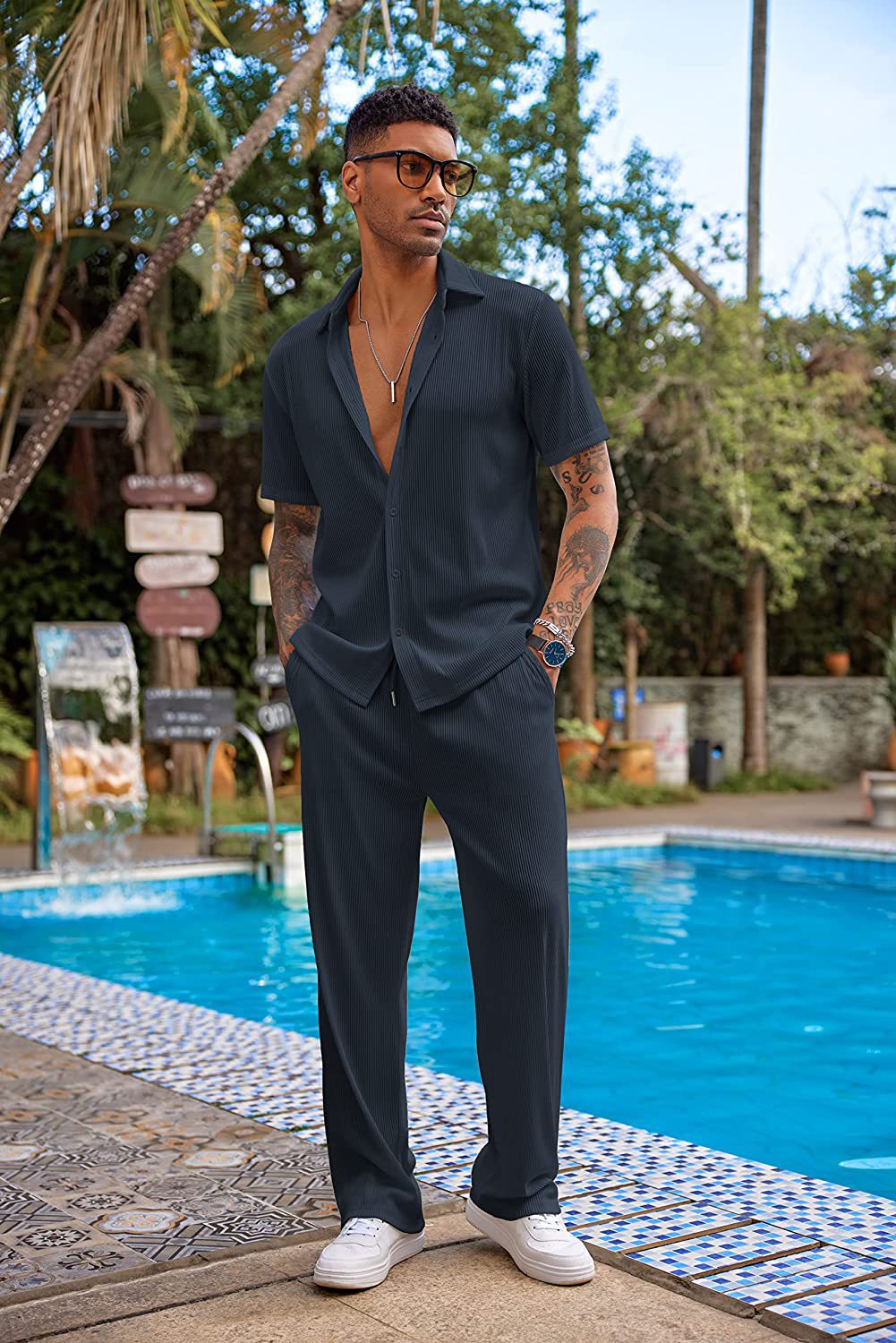 New York Fashion Week Men's 2 Piece Outfit Casual Short Sleeve Button Down Shirt Beach Summer Loose Pant Sets