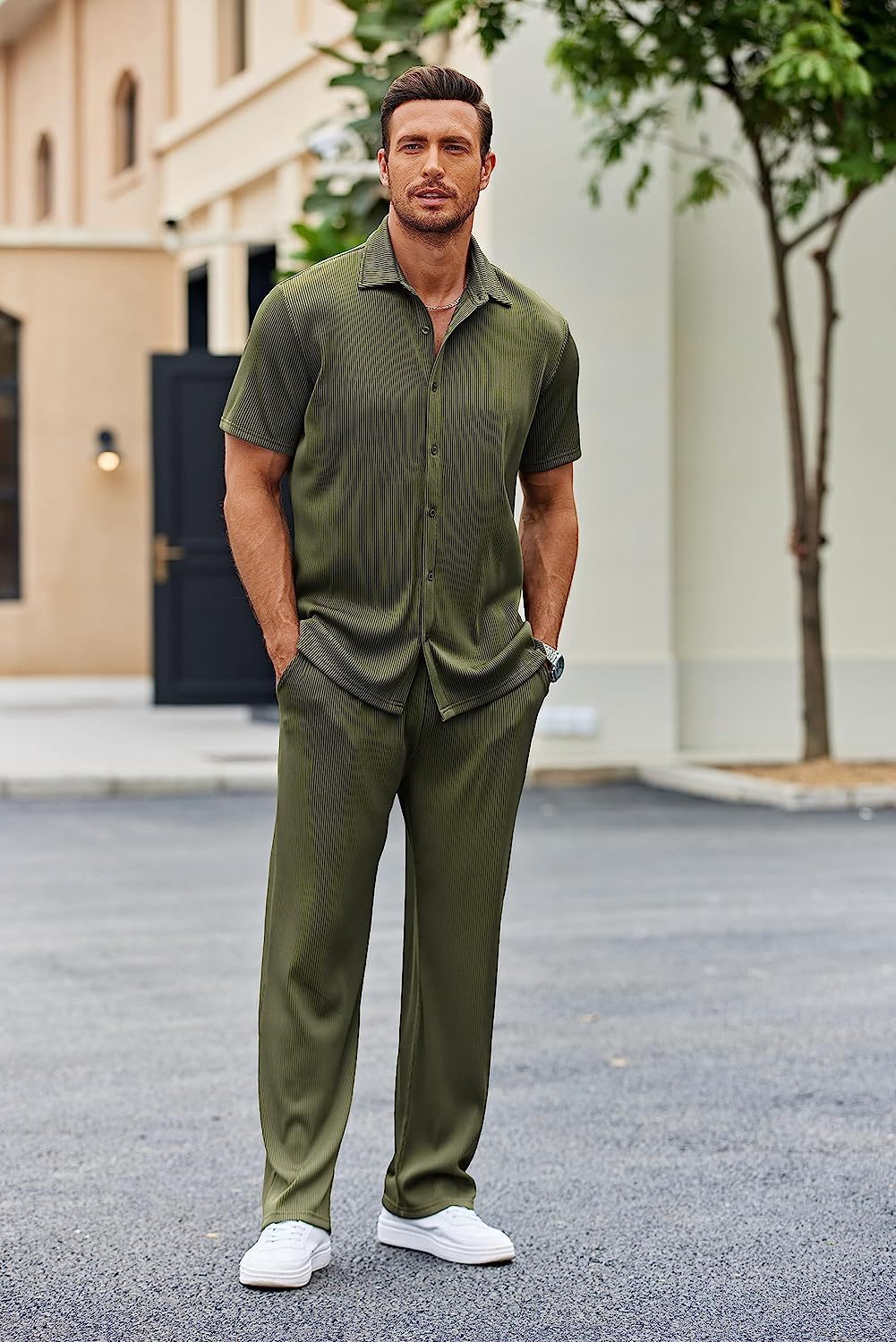 New York Fashion Week Men's 2 Piece Outfit Casual Short Sleeve Button Down Shirt Beach Summer Loose Pant Sets