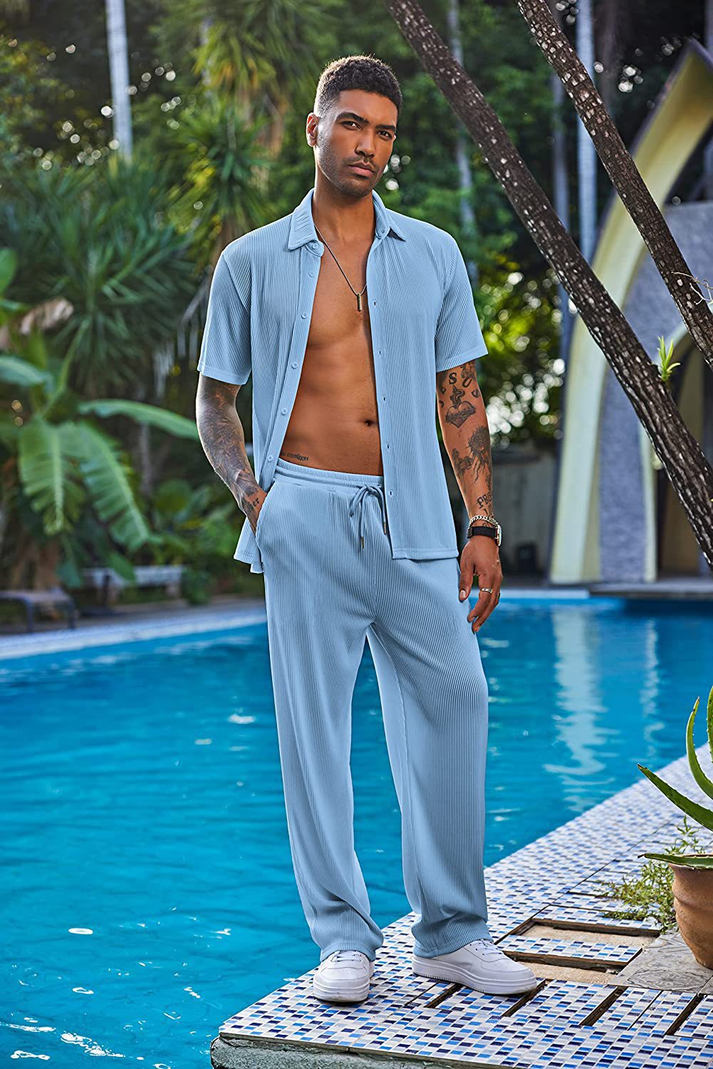 New York Fashion Week Men's 2 Piece Outfit Casual Short Sleeve Button Down Shirt Beach Summer Loose Pant Sets