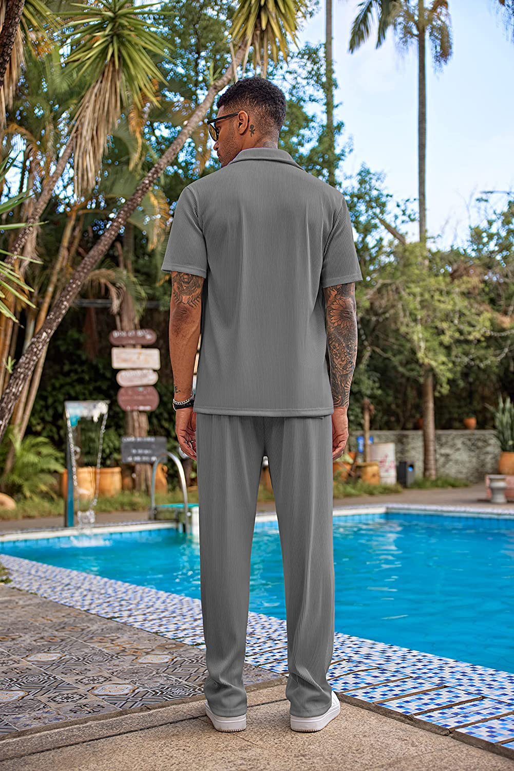 New York Fashion Week Men's 2 Piece Outfit Casual Short Sleeve Button Down Shirt Beach Summer Loose Pant Sets