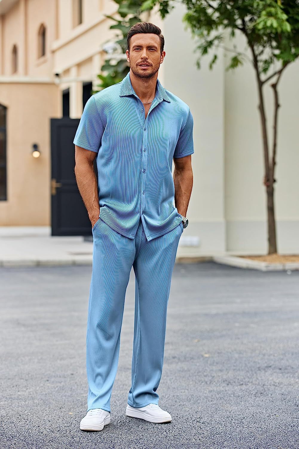 New York Fashion Week Men's 2 Piece Outfit Casual Short Sleeve Button Down Shirt Beach Summer Loose Pant Sets