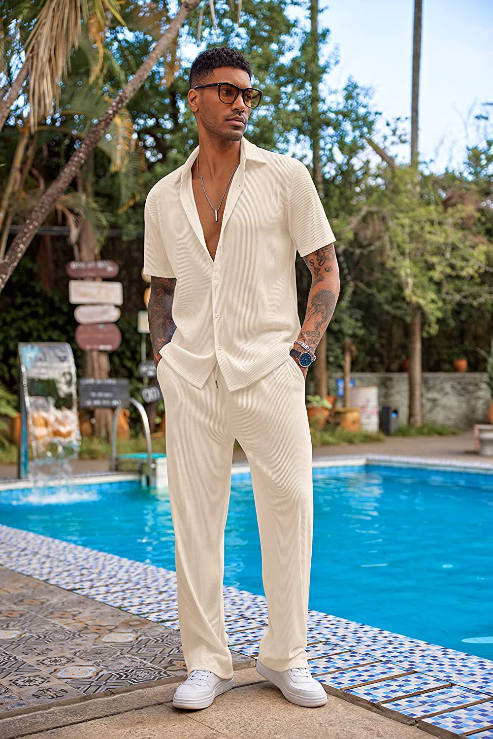 New York Fashion Week Men's 2 Piece Outfit Casual Short Sleeve Button Down Shirt Beach Summer Loose Pant Sets