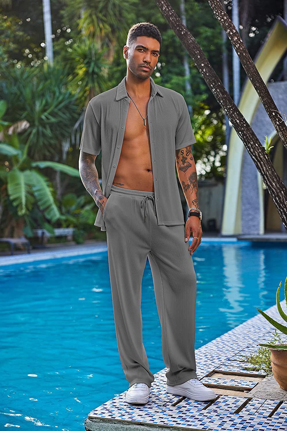 New York Fashion Week Men's 2 Piece Outfit Casual Short Sleeve Button Down Shirt Beach Summer Loose Pant Sets