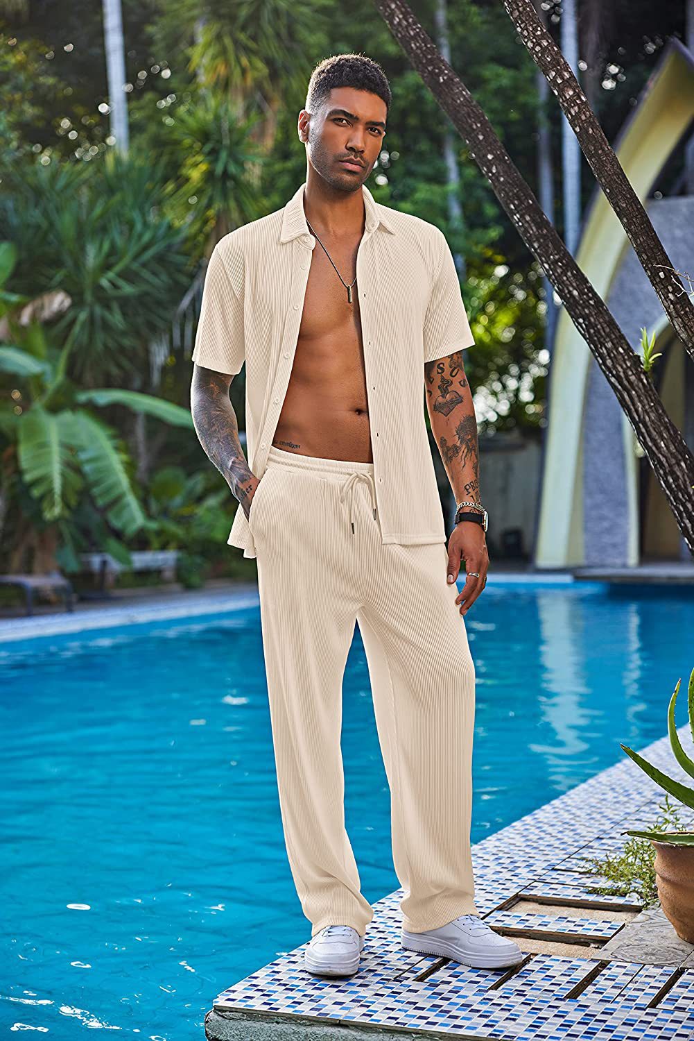 New York Fashion Week Men's 2 Piece Outfit Casual Short Sleeve Button Down Shirt Beach Summer Loose Pant Sets