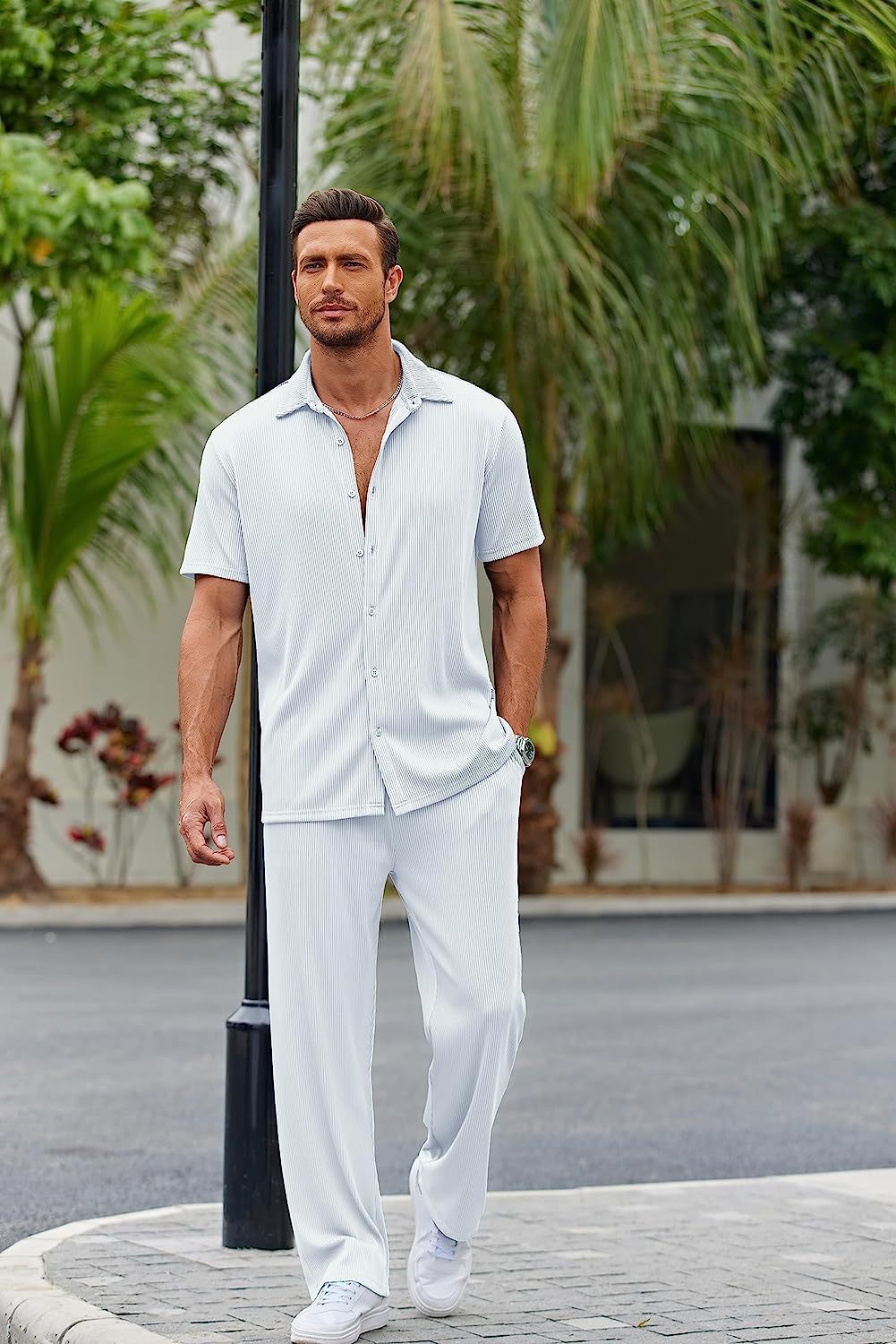 New York Fashion Week Men's 2 Piece Outfit Casual Short Sleeve Button Down Shirt Beach Summer Loose Pant Sets