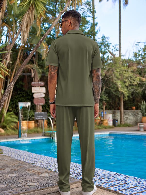 New York Fashion Week Men's 2 Piece Outfit Casual Short Sleeve Button Down Shirt Beach Summer Loose Pant Sets